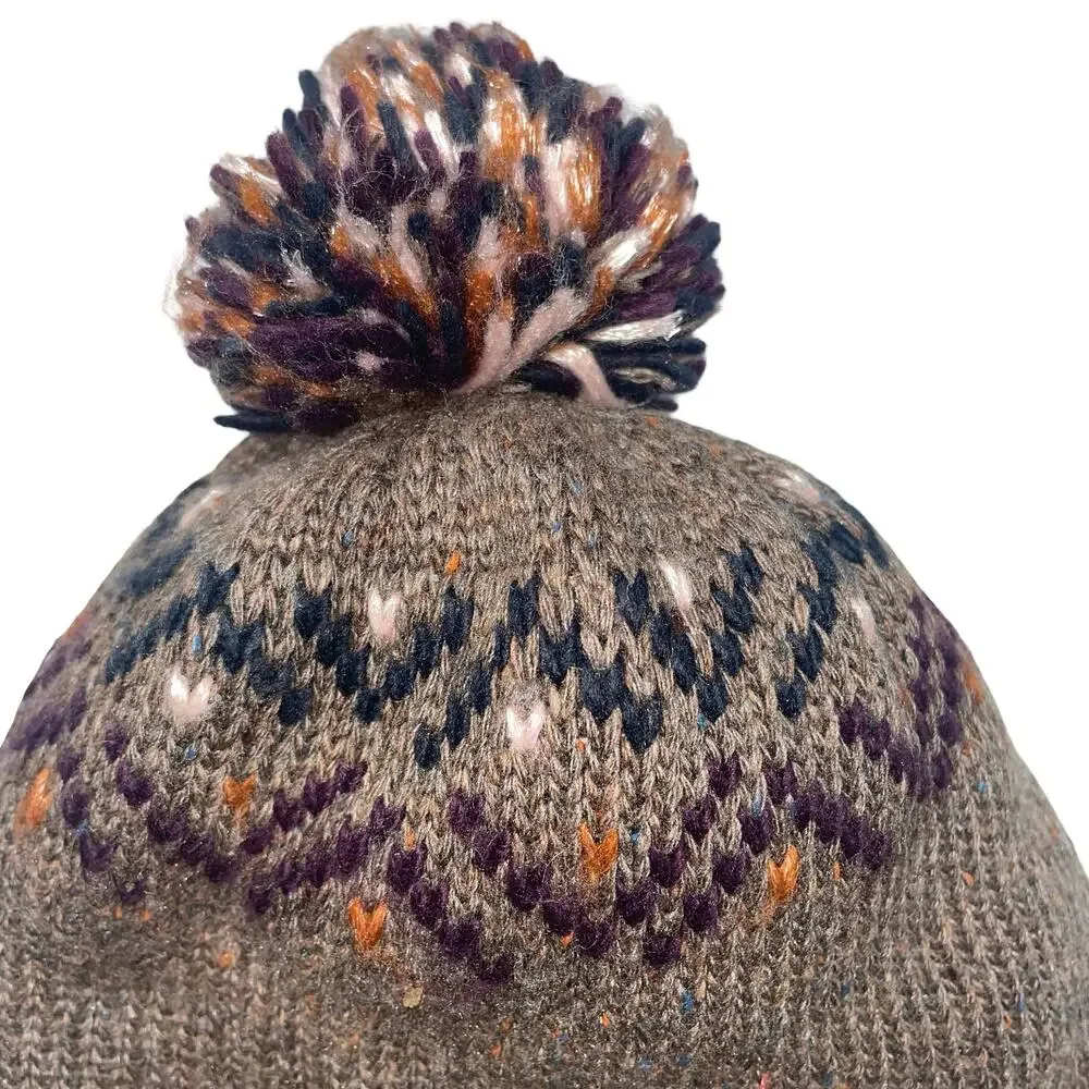 Pistil Visby Pom Beanie Hat Womens Brown Knit Fair Isle Tweed Flecks Mountain